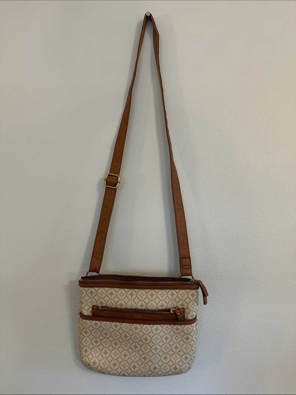 Fossil Cream Patterned Crossbody with Brown Trim